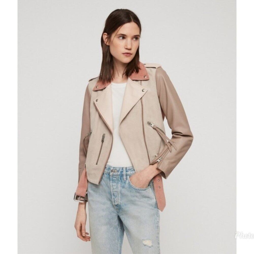 Allsaints Balfern Goat Mix Leather Pink and Tan Cropped Biker Jacket Size 0